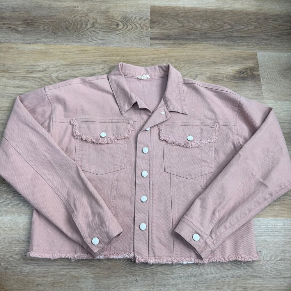 POL Pink Denim Frayed Hem Cropped Jacket‎ Women Size S
